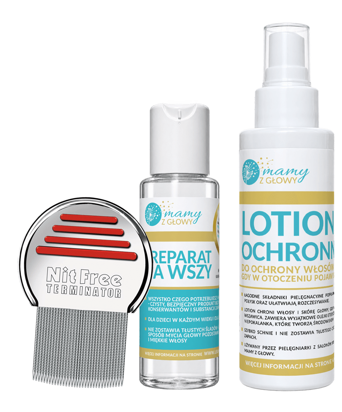 Zestaw pierwszej pomocy: Grzebień NitFree Terminator, Preparat na wszy i Lotion Ochronny Mamy z Głowy
